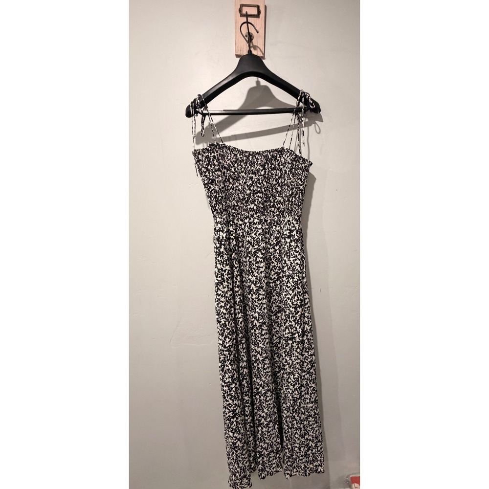 Madwell Smocked Midi Dress Black White Floral Tie Shoulder NU562 Womens 4 - Picture 3 of 5